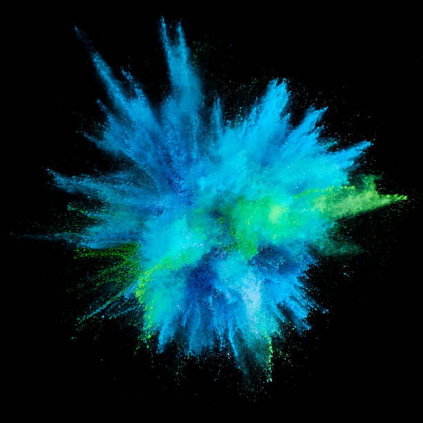 colored powder explosion. abstract closeup dust on backdrop. colorful explode. paint holi - blue tint imagens e fotografias de stock