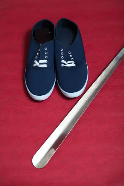 Photo of pair of blue sneakers and shoe horn on red background