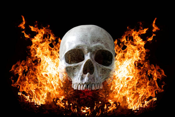 kopf-schädel in flamme auf dunklen schwarzen hintergrund. das symbol des toten. - inferno fire flame skull stock-fotos und bilder