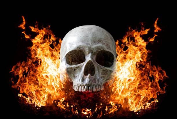 череп головы в пламени на темно-черном фоне. символ мертвых. - inferno fire flame skull стоковые фото и изображения