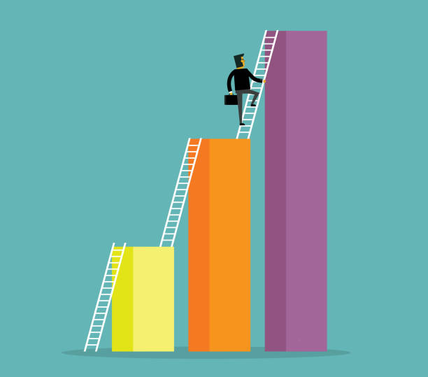 ilustrações de stock, clip art, desenhos animados e ícones de move up - businessman - ladder clambering struggle reaching
