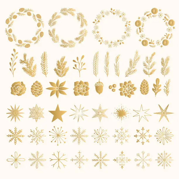 Vector illustration of Gold foil set of Christmas wreath, plants, stars and snowflakes. Vintage isolated decorative elements. Holiday flourishes.