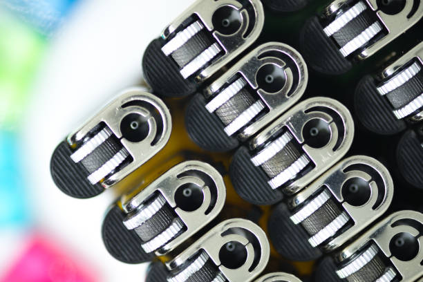 istock Stock of gas lighter. Plastic gas lighter. Top view 1072107624