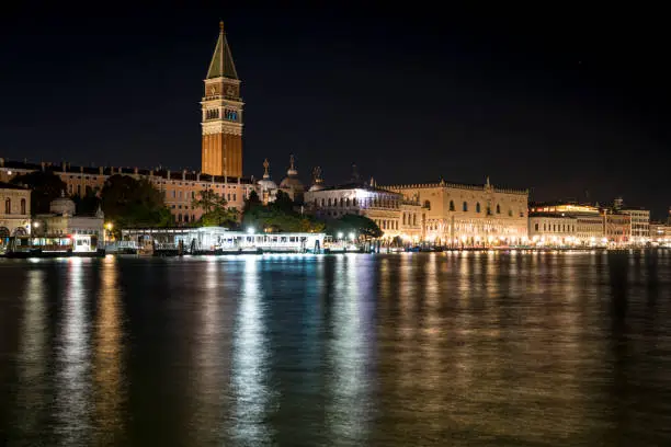 Nighttime light on the Grand Canal and Piazza San Marco in Venice, Italy