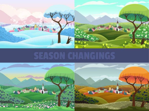 Four Seasons Of Village View Spring Summer Autumn And Winter Vector Cartoon  Landscape Stock Illustration - Download Image Now - iStock