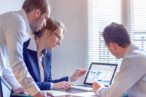 Digital marketing analyst people working on internet advertisement campaign analytics data on key performance indicator dashboard, metrics and KPI on computer screen, business strategy, investment