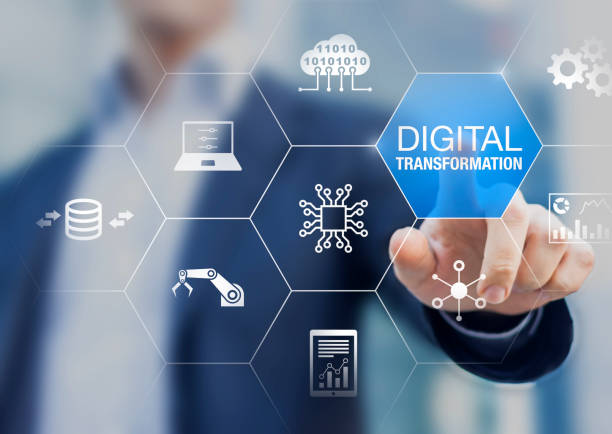 estrategia de tecnología de la transformación digital, digitalización y digitalización de procesos de negocio y datos, optimizar y automatizar operaciones, gerencia de servicio al cliente, internet y computación en la nube - display digital fotografías e imágenes de stock