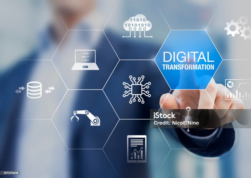 Digital transformation technology strategy, digitization and digitalization of business processes and data, optimize and automate operations, customer service management, internet and cloud computing Digital Display Stock Photo