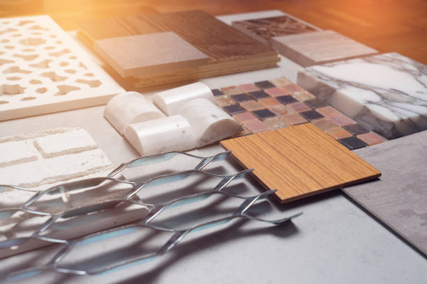 istock samples of material, wood , on concrete table.Interior design select material for idea. 1072113150