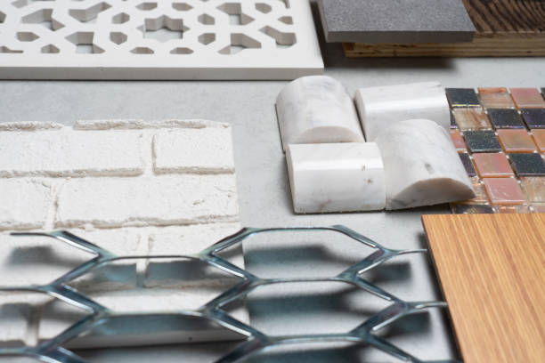 istock samples of material, wood , on concrete table.Interior design select material for idea. 1072113194