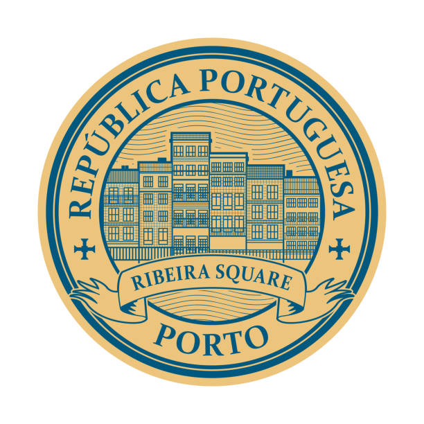 Stamp with district of Ribeira buildings and the words Porto, Portuguese Republic, written inside, vector illustration