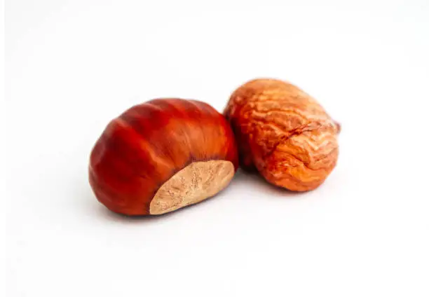 Photo of One roasted chestnut, isolated on white background. Peeled chestnut, close up.