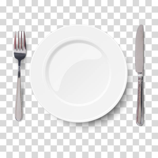 illustrazioni stock, clip art, cartoni animati e icone di tendenza di piatto vuoto con coltello e forchetta isolati su uno sfondo a scacchi trasparente. vista dall'alto. - silverware