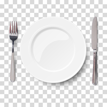 Empty plate with knife and fork isolated on a transparent chequered background. View from above.