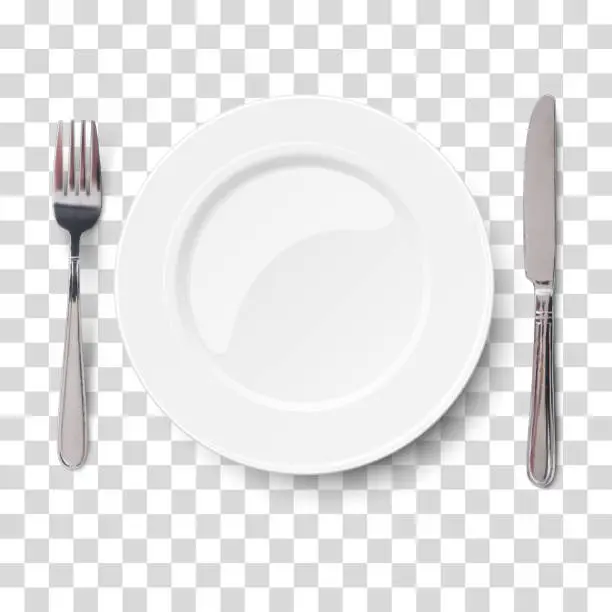 Vector illustration of Empty plate with knife and fork isolated on a transparent chequered background. View from above.