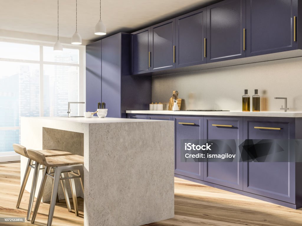 Purple countertops kitchen interior side view Stylish kitchen corner with white walls, wooden floor, purple countertops and cupboards and a stone island with stools. 3d rendering copy space Apartment Stock Photo