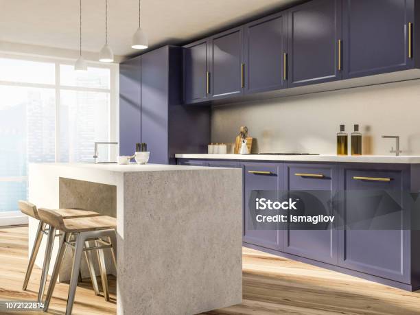 Purple Countertops Kitchen Interior Side View Stock Photo - Download Image Now - Apartment, Clean, Design