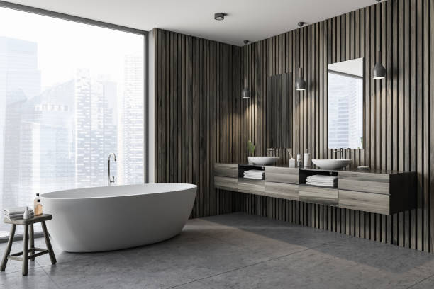 istock Dark wooden bathroom corner, tub and sink 1072126480