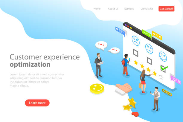 Isometric flat vector landing page template of customer experience optimization. Isometric flat vector landing page template of customer experience optimization, crm, relationship management, client rating, user satisfaction. better complaint stock illustrations
