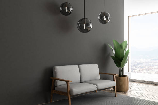 istock Gray panoramic living room, sofa side view 1072127138