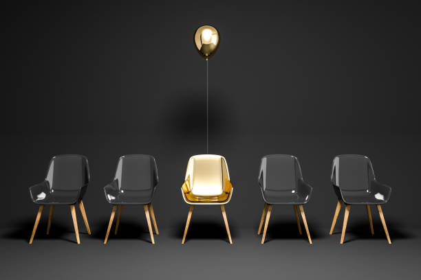 istock Black chairs row, gold chair with balloon, choice 1072128080