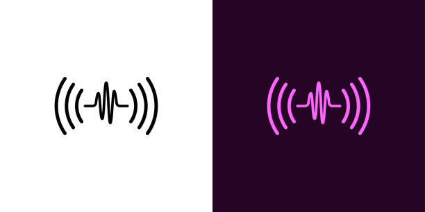 Sound wave illustration. Vector icon of Voice sound assistant with acoustic waves in outline style. Black and color version