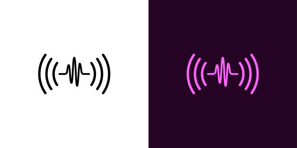 Sound wave illustration. Voice sound assistant Sound wave illustration. Vector icon of Voice sound assistant with acoustic waves in outline style. Black and color version noise stock illustrations