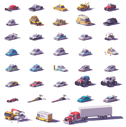 Vector cars and trucks collection. Includes cars, sports cars, SUV, trucks, monster truck, electric vehicle and police transport