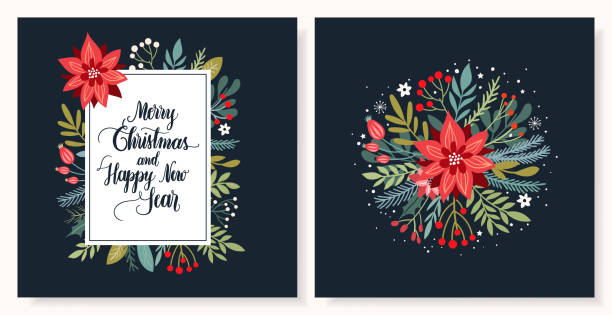 коллекция рождественских поздравительных открыток - poinsettia christmas wreath flower stock illustrations