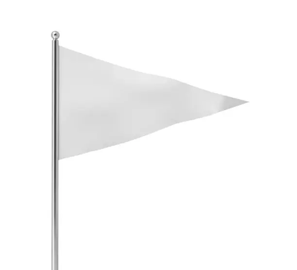 3d rendering of a single white triangular flag hanging on a post on a white background. Flags and posts. Pennant. Symbol and indication.