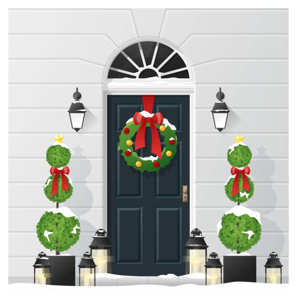 메리 크리스마스와 새 해 복 많이 받으세요 배경 장식된 크리스마스 정문, 벡터, 삽화 - wreath christmas door snow stock illustrations