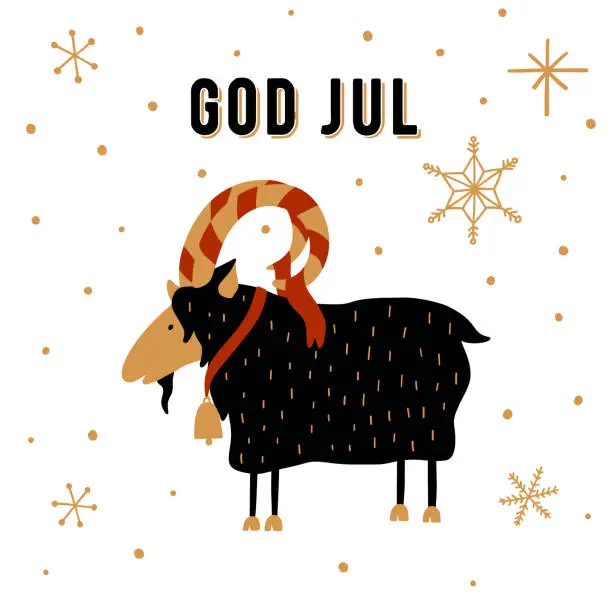 Vector illustration of Scandinavian Christmas tradition. Christmas Yule Goat illustration with Danish text God Jul, Merry Christmas on English. Vector card design.