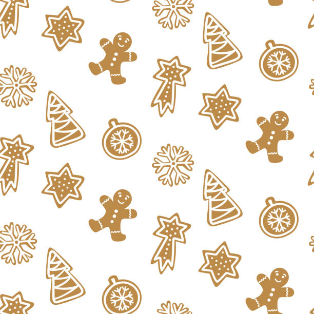 ilustraciones, imágenes clip art, dibujos animados e iconos de stock de lindo mano dibujada de patrones sin fisuras con galleta. pan de jengibre sobre fondo blanco fondos de repetición. diseño de vectores para navidad. - wrapping paper christmas gift snowman