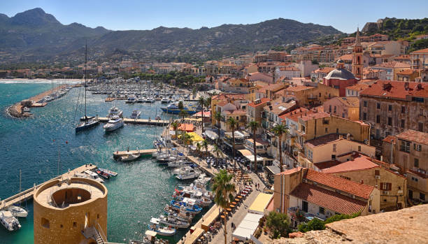 Port of Calvi (Corsica) - overview from the citadel Port of Calvi (Corsica) - overview from the citadel corsica photos stock pictures, royalty-free photos & images