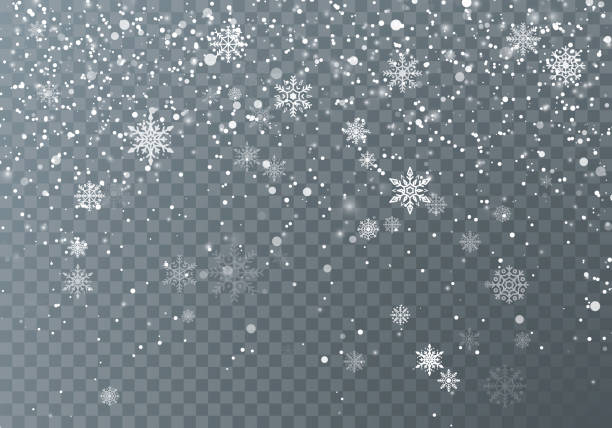 illustrations, cliparts, dessins animés et icônes de chutes de neige. neige de noël. flocons de neige tombant sur fond transparent foncé. fond de vacances de noël. illustration vectorielle - flocon de neige neige