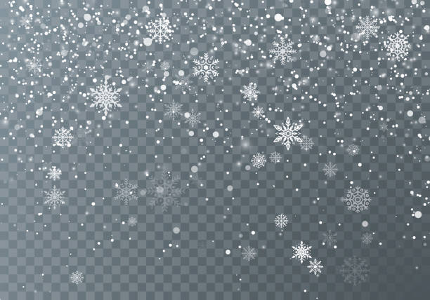 ilustrações, clipart, desenhos animados e ícones de queda de neve. neve de natal. flocos de neve caindo no fundo escuro transparente. fundo de férias de natal. ilustração vetorial - colagem aleatoria