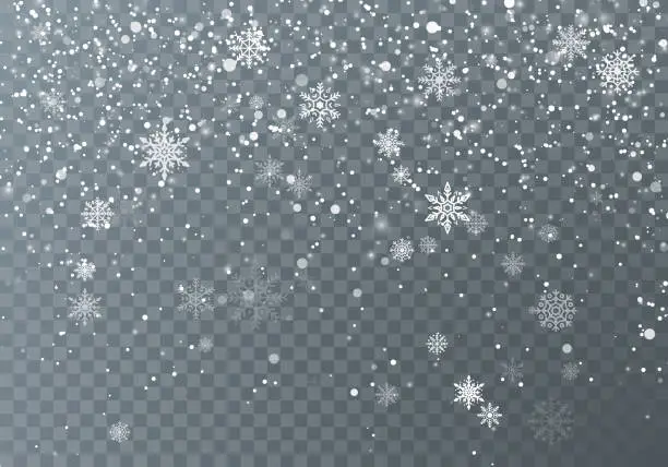 Vector illustration of Snowfall. Christmas snow. Falling snowflakes on dark transparent background. Xmas holiday background. Vector illustration