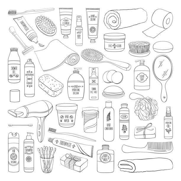 illustrazioni stock, clip art, cartoni animati e icone di tendenza di set di doodle per l'igiene di attrezzature da bagno, cosmetici e strumenti - spa supplies illustrations