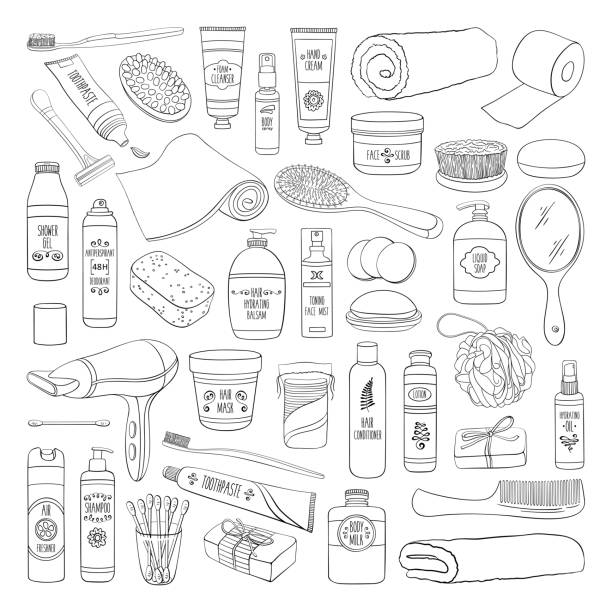 욕실 장비, 화장품 및 도구 집합이 위생 낙서 - hygiene bathtub symbol toothbrush stock illustrations