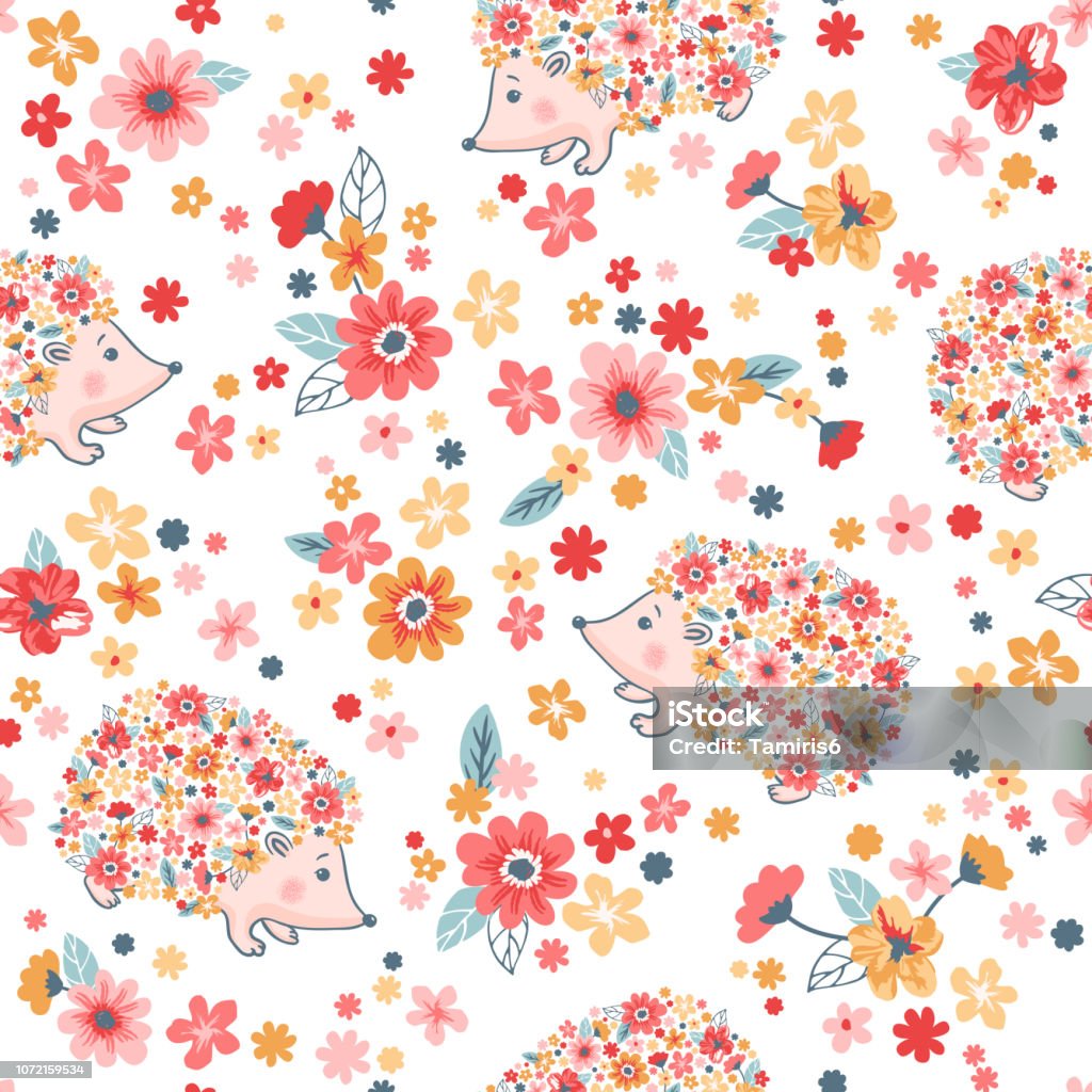 Seamless childish floral pattern with flowers and cute hedgehogs Vector seamless childish floral pattern with flowers and cute hedgehogs on pink background Animal stock vector