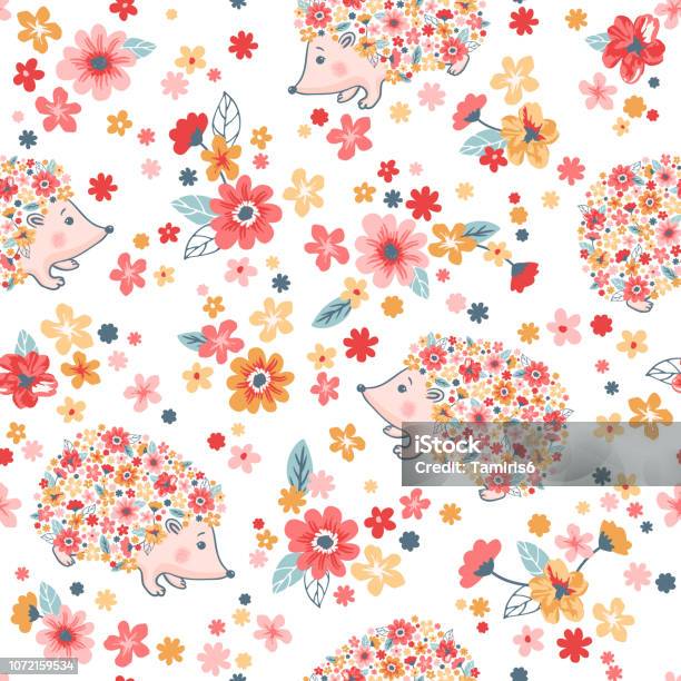 Seamless Childish Floral Pattern With Flowers And Cute Hedgehogs Stock Illustration - Download Image Now