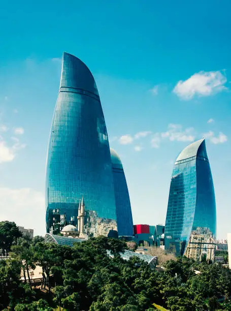 Flame towers by sunny day in Baku, Azerbaijan