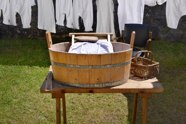 bucket and tub for doing the laundry with sepia antiqued effect from the 1920s