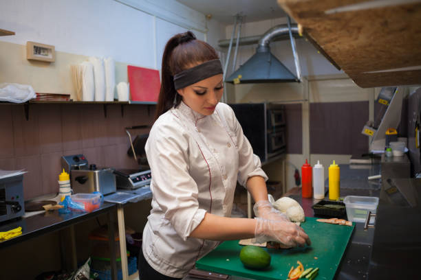 istock beautiful woman chef prepares sushi on restaurant kitchen 1072167284