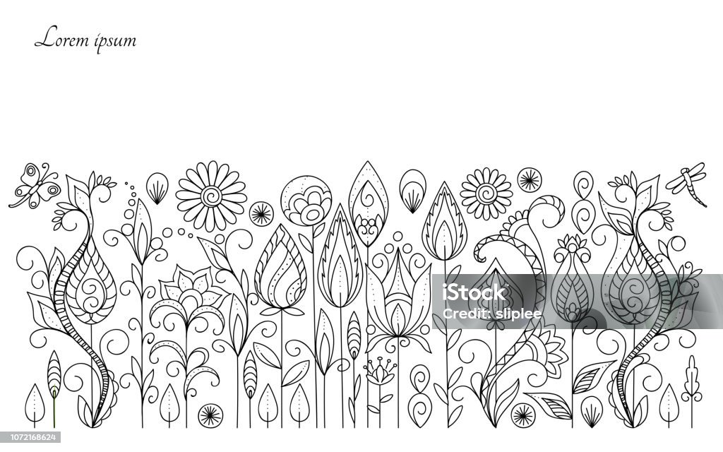 background of the meadow flowers Set of  monochrome isolated  contour flowers  on the white for anti-stress therapy, adult coloring book,  wall art. Monochrome border background. eps 10 Coloring Book Page - Illlustration Technique stock vector