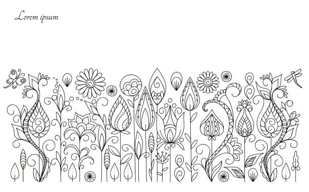 background of the meadow flowers Set of monochrome isolated contour flowers on the white for anti-stress therapy, adult coloring book, wall art. Monochrome border background. eps 10 adult coloring book border stock illustrations