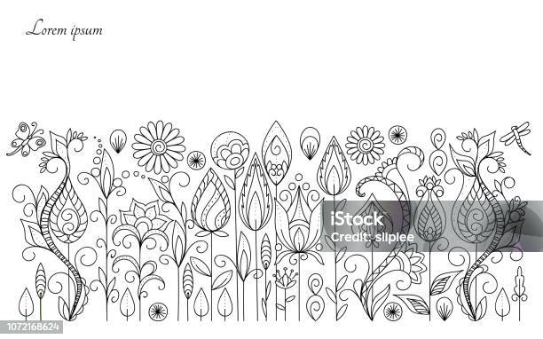 Background Of The Meadow Flowers Stock Illustration - Download Image Now - Coloring Book Page - Illlustration Technique, Adult, Doodle