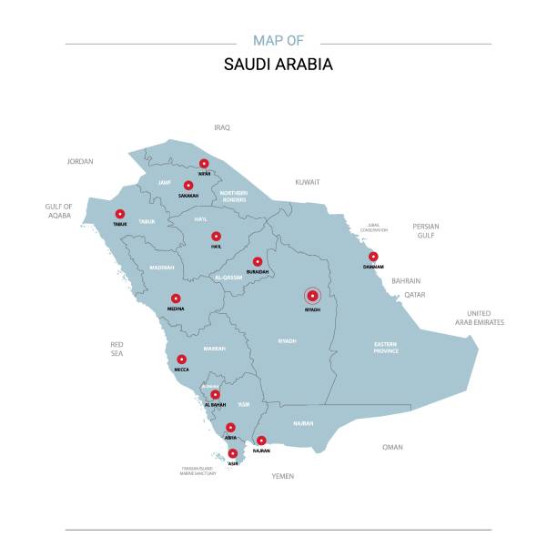ilustraciones, imágenes clip art, dibujos animados e iconos de stock de vector de mapa de arabia saudita con el perno rojo. - arabia saudí