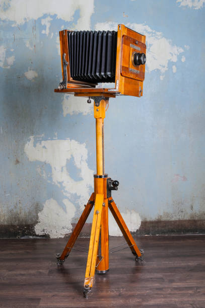 istock Retro wooden camera on grunge wall background 1072173242