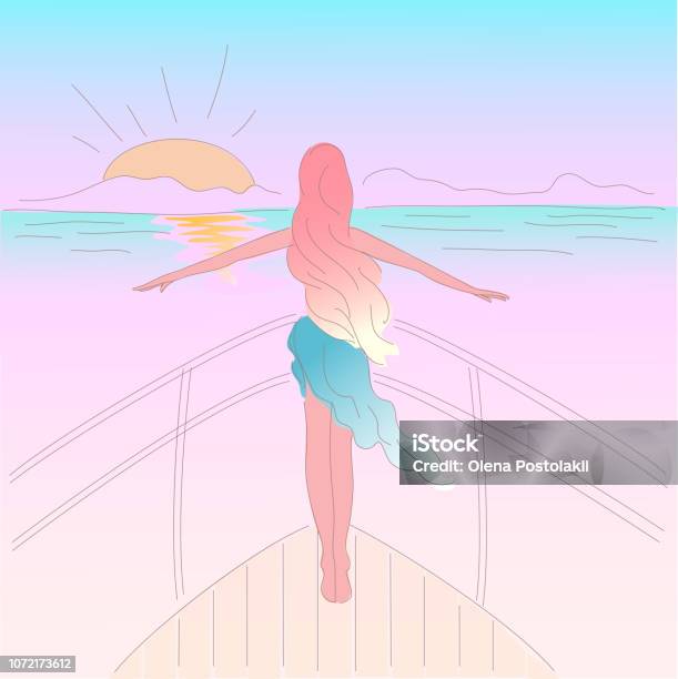 Young Girl With Long Flowing Hair Sails On The Ship To Meet The Sunrise Sunset By Sea Stock Illustration - Download Image Now